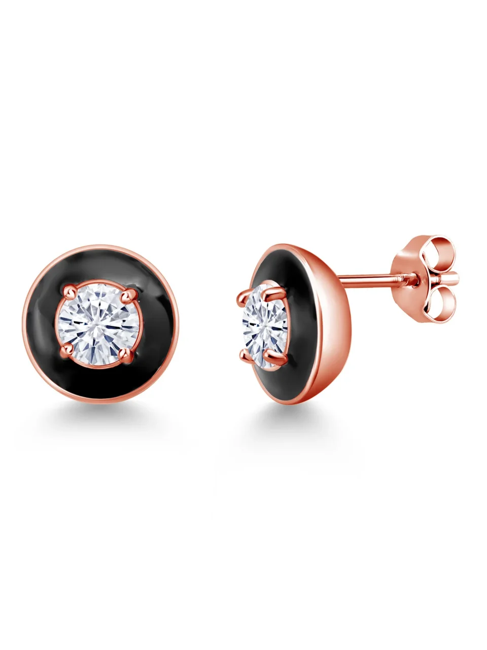 Value Gem Stone King 18K Rose Gold Plated Silver Black Enamel Stud Earrings Round Moissanite (1.00 Cttw)
