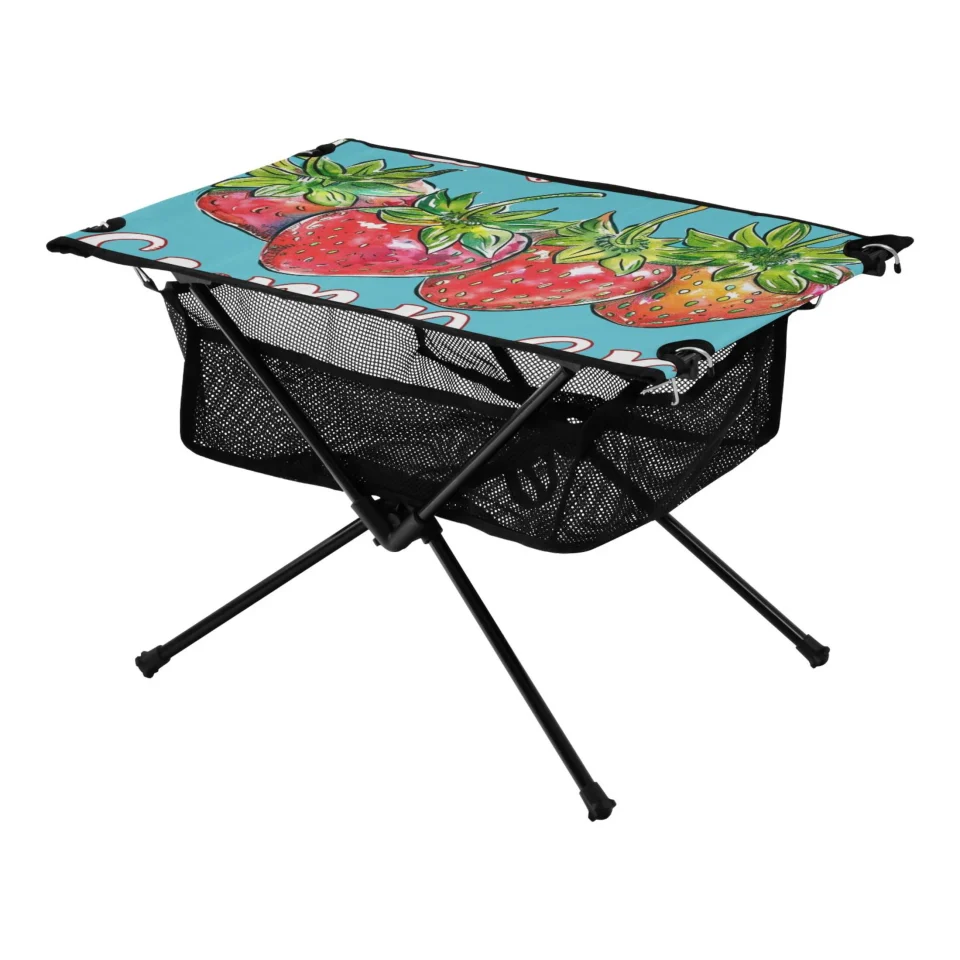 Leak-Proof Strawberries Summer Camping Folding Table Portable Beach Table with Storage Bag Compact Picnic Table for Outdoor Travel Fishing BBQ