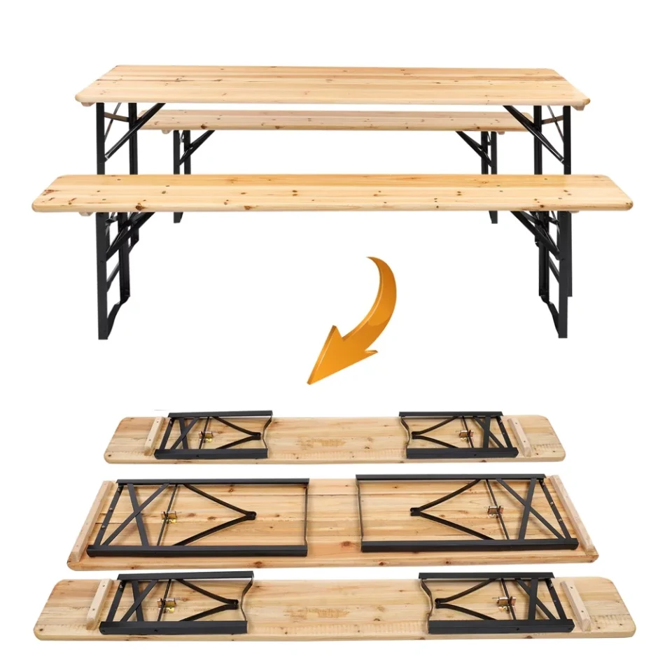 Glossy Outdoor Picnic 3PCS Set 5.8FT Wood Patio Camping Table Table and Bench Set