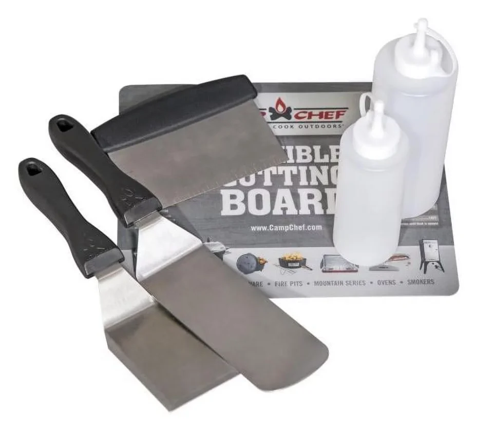 Essential Safe Camp Chef Flat Top Tool Kit - SPSET6, Including Turner-Scraper, Pancake Spatula, Scraper, 2 Squeeze Bottles, Flexible Cutting Board