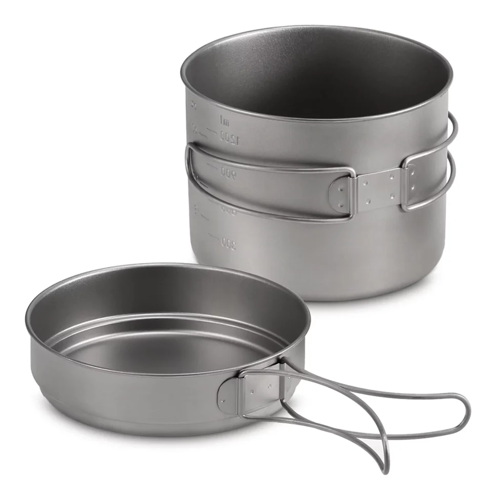 Silicone Frosted Folding Handle Camping Cookware Pot Pan Set, Super Lightweight, 1100ML / 1600ML
