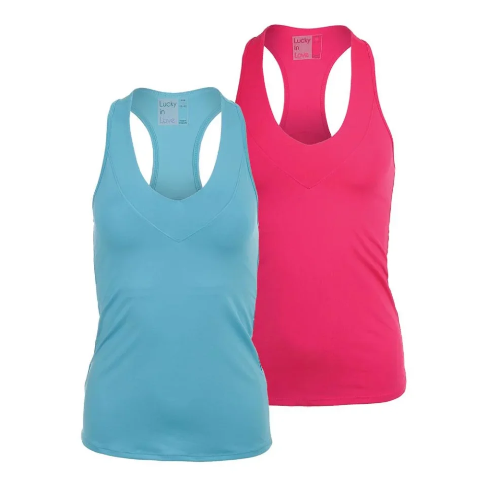 Polished Dining Lucky In Love Women`s V-Neck Tennis Tank with Bra ( X-Small Shocking Pink )