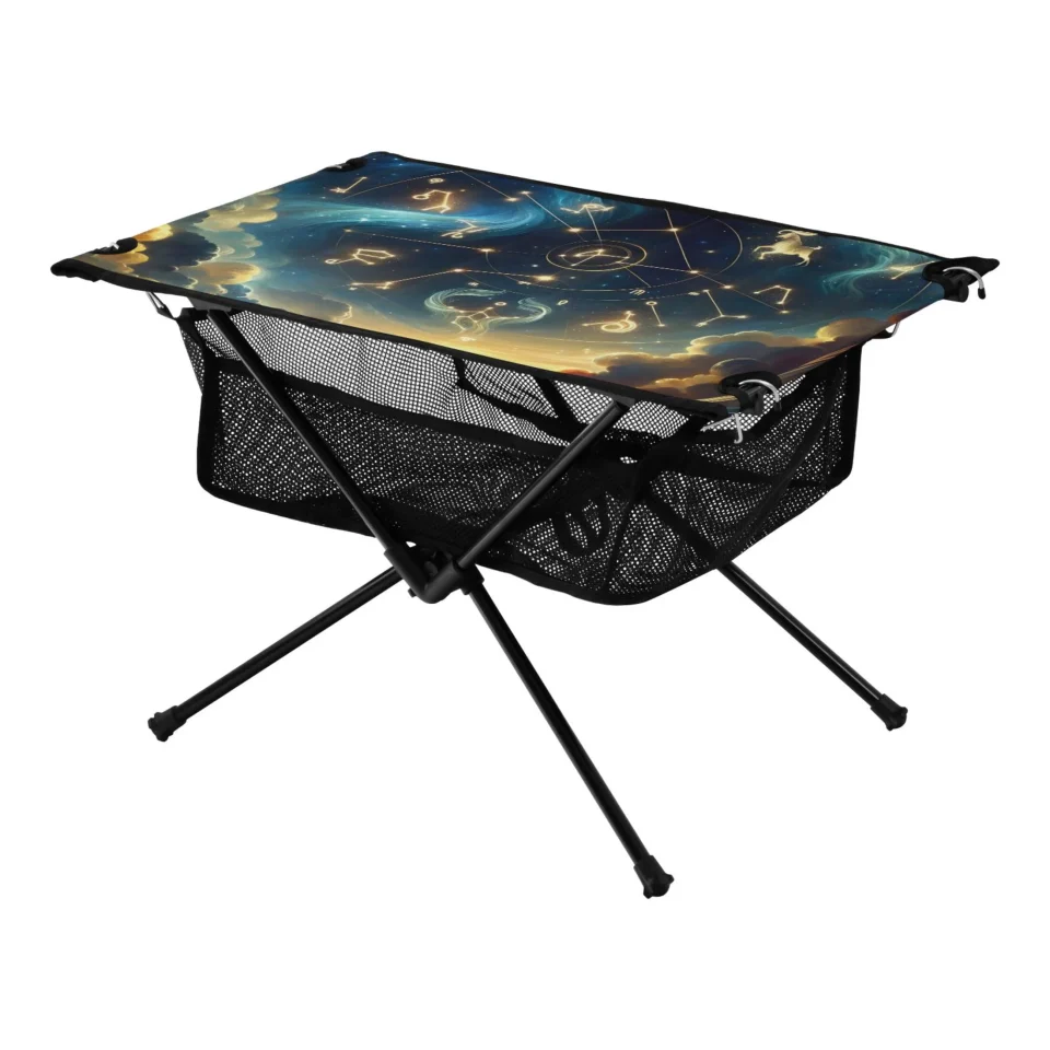 BPA-Free Frosted Zodiac Stars in Night Sky Camping Folding Table Portable Beach Table with Storage Bag Compact Picnic Table for Outdoor Travel Fishing BBQ