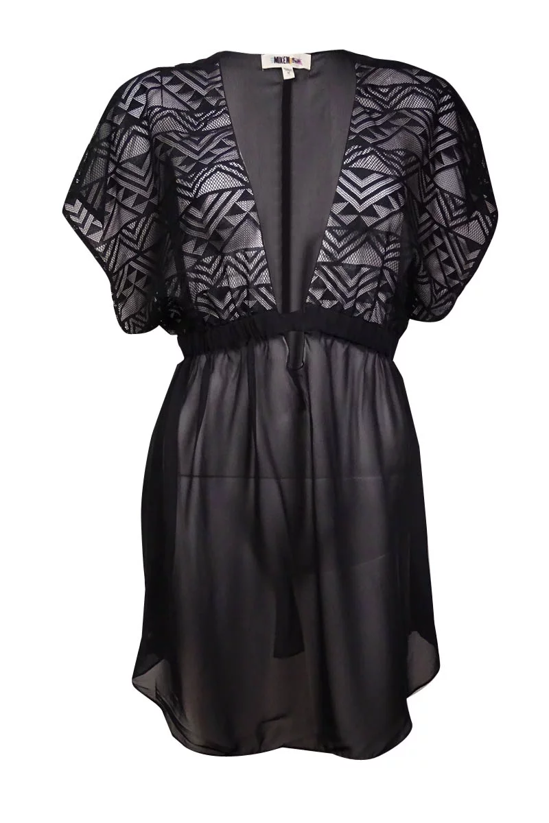 Best-Selling Miken Women's Crochet-Sleeves Chiffon V-Neck Swim Cover (XS, Black)
