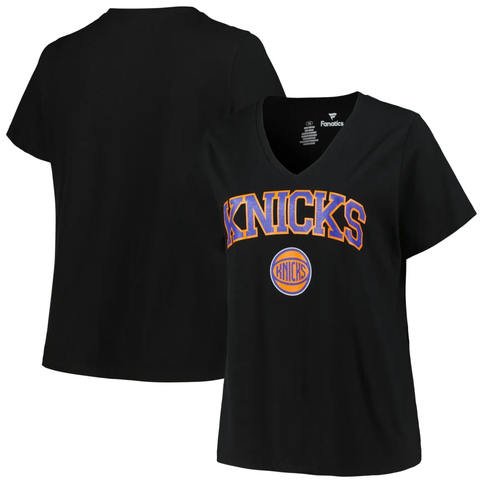 Stainless Steel Dining Women's Profile Black New York Knicks Plus Size Arch Over Logo V-Neck T-Shirt