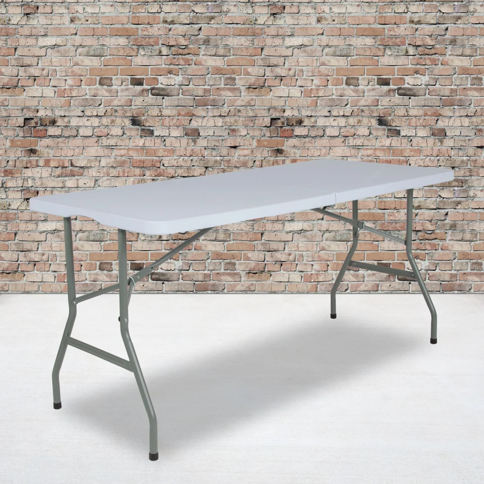 Bamboo Emma + Oliver 4.97-Foot Bi-Fold Granite White Plastic Folding Table with Handle - Event Table