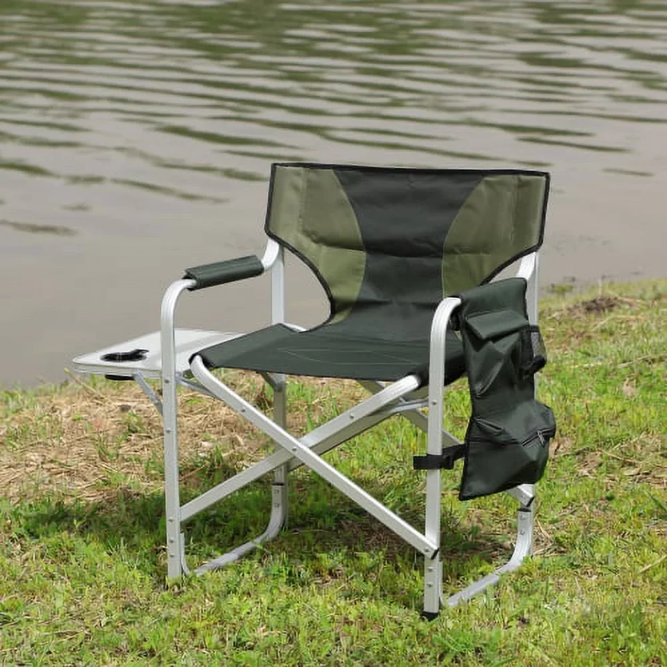 Wooden 1-piece Padded Folding Outdoor Chair with Side Table and Storage Pockets,Lightweight Oversized Directors Chair for indoor, Outdoor Camping, Picnics and Fishing,Green
