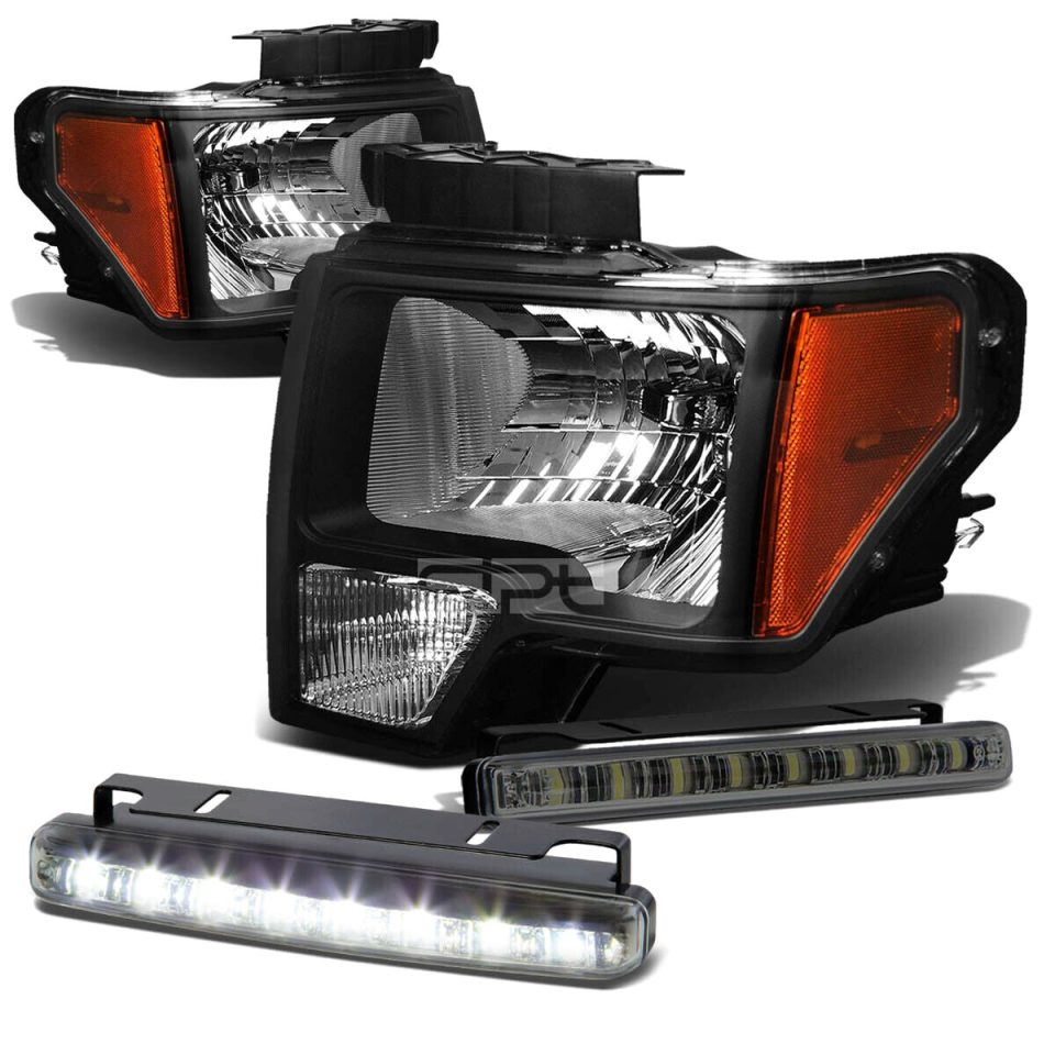 Polished Clear BLACK HOUSING HEAD+BUMPER CORNER+SMOKED LED FOG LIGHT KIT 09-14 D F150