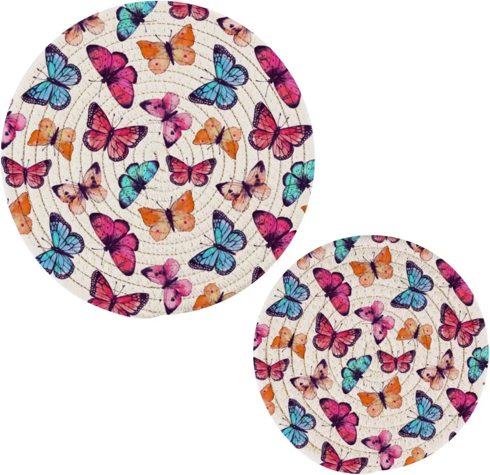 BPA-Free Multi-Purpose Hotbar Watercolor Butterflies Pot Holder Set of 2, Pure Cotton Heat Resistant Wear-Resistant and Non-Slip Stylish Round Pot Holder for Daily Kitchen,Dining Table,Office,Cafe, Restaurant,BBQ