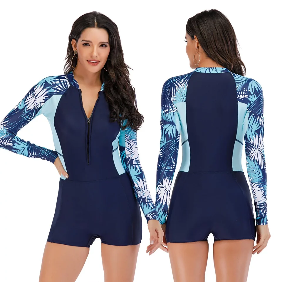 Wooden Womens Rash Guard Floral Printed Long Sleeve Zip Front 1-Piece Swimsuit Surfing Bathing Suit with Built in Bra