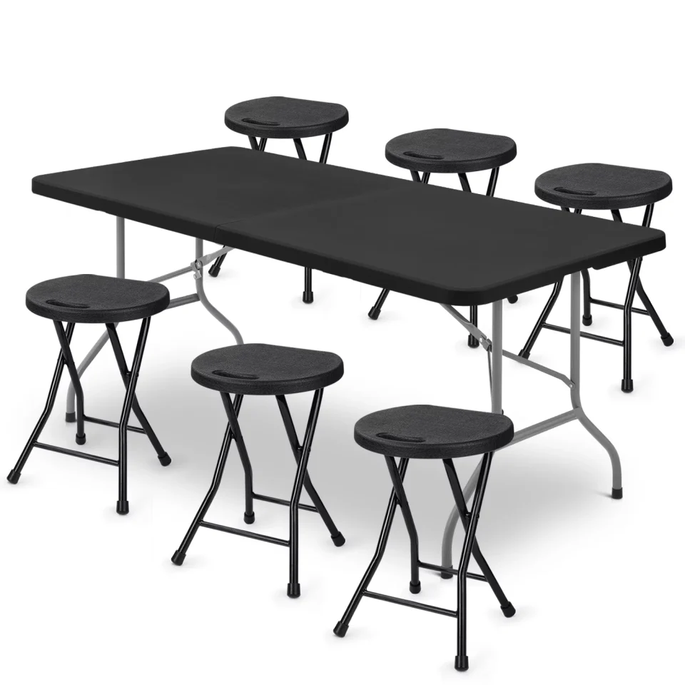 Frosted Baking MoNiBloom 7 Pieces 6 FT Folding Table and Chair Set, Indoor Outdoor Picnic Desk with Handle & Lock and Foldable Stools for Garden, Black