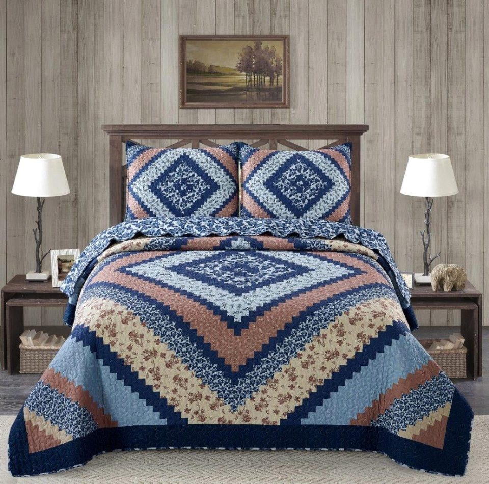 Eco-Friendly Versatile Virah Bella - Around the Block Blue - Lightweight Reversible 2-Piece Lodge Quilt Set with Decorative Pillow Sham.