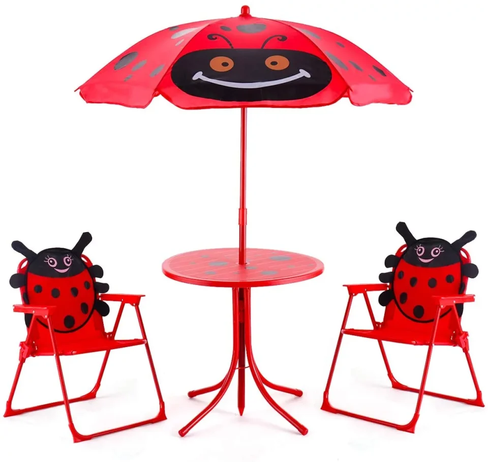Dining Versatile Kids Table and 2 Chair Set, Ladybug Folding Picnic Table Set with Removable Umbrella for Indoor Outdoor Garden Patio, Gift for Children Boys & Girls