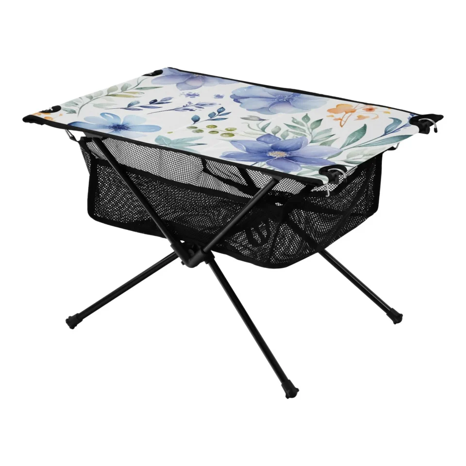 Supreme Upgraded Blue Flower and Leaves Camping Folding Table Portable Beach Table with Storage Bag Compact Picnic Table for Outdoor Travel Fishing BBQ