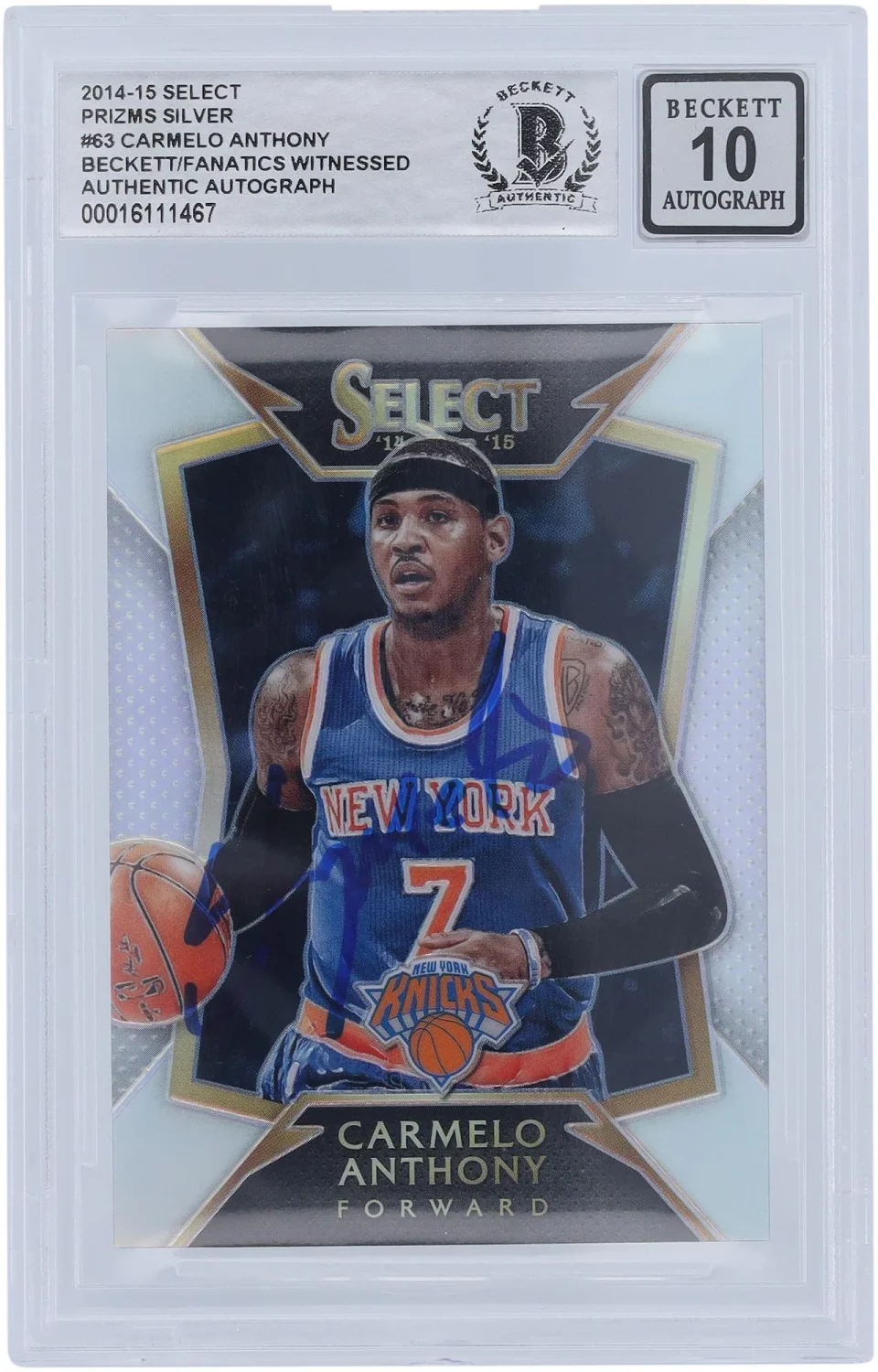 Stainless Steel Lightweight Carmelo Anthony New York Knicks Autographed 2014-15 Panini Select Silver Prizm #63 Beckett Fanatics Witnessed Authenticated 10 Card - Fanatics Authentic Certified