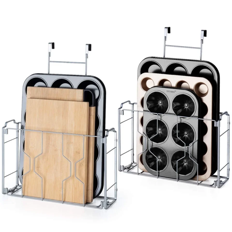 Polished Auledio 2 Pack Over the Door/Wall Mount Cabinet Organizer Storage Basket in Kitchen or Pantry for Cutting Board, Aluminum Foil, Plastic Wrap, Mesh Silver