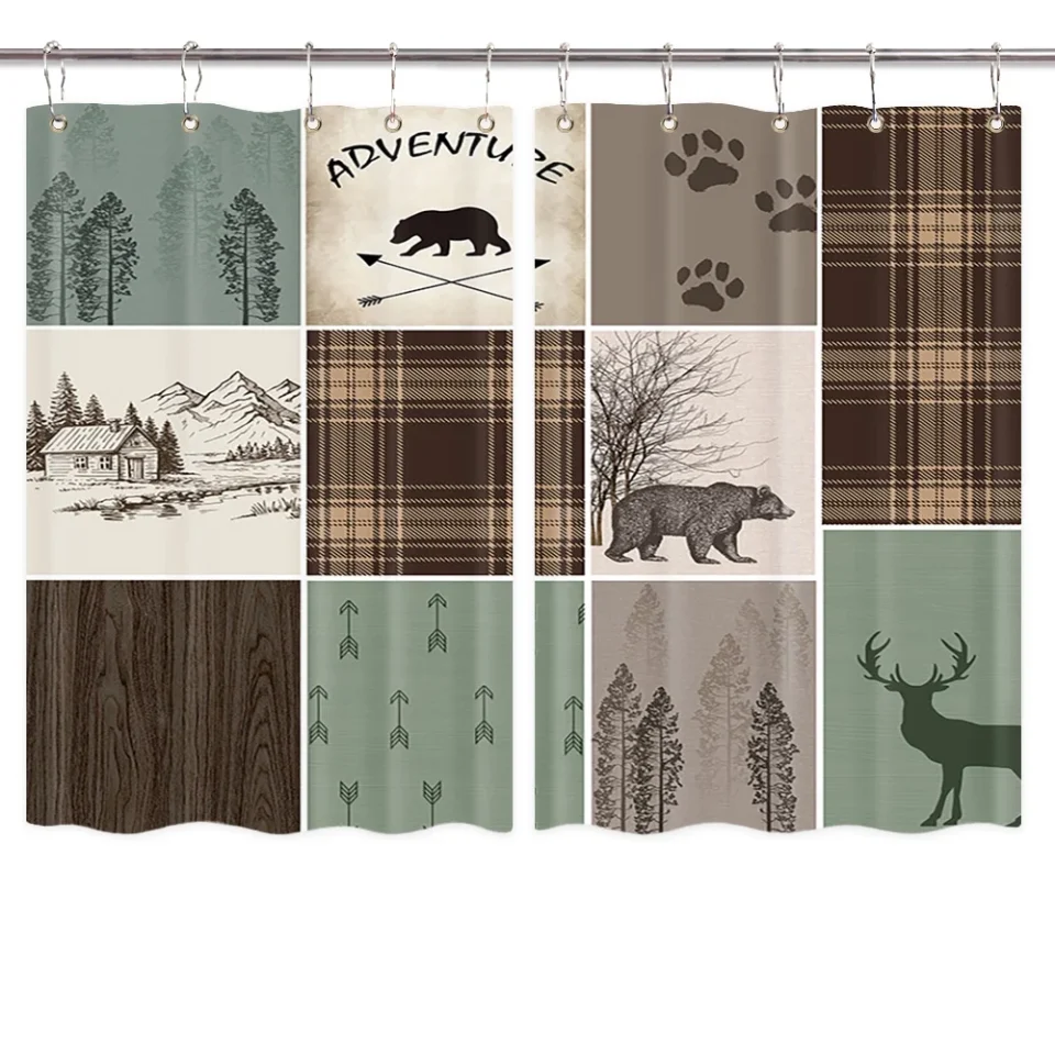 Space-Saving Long-Lasting Cabin Retro Rustic Lodge Kitchen Window Curtain,Bear Deer Country Hunting Wild Animal Fabric Kitchen Curtains Sets for Windows,Plaid Check Adventure Curtains for Kitchen Windows,55X39in