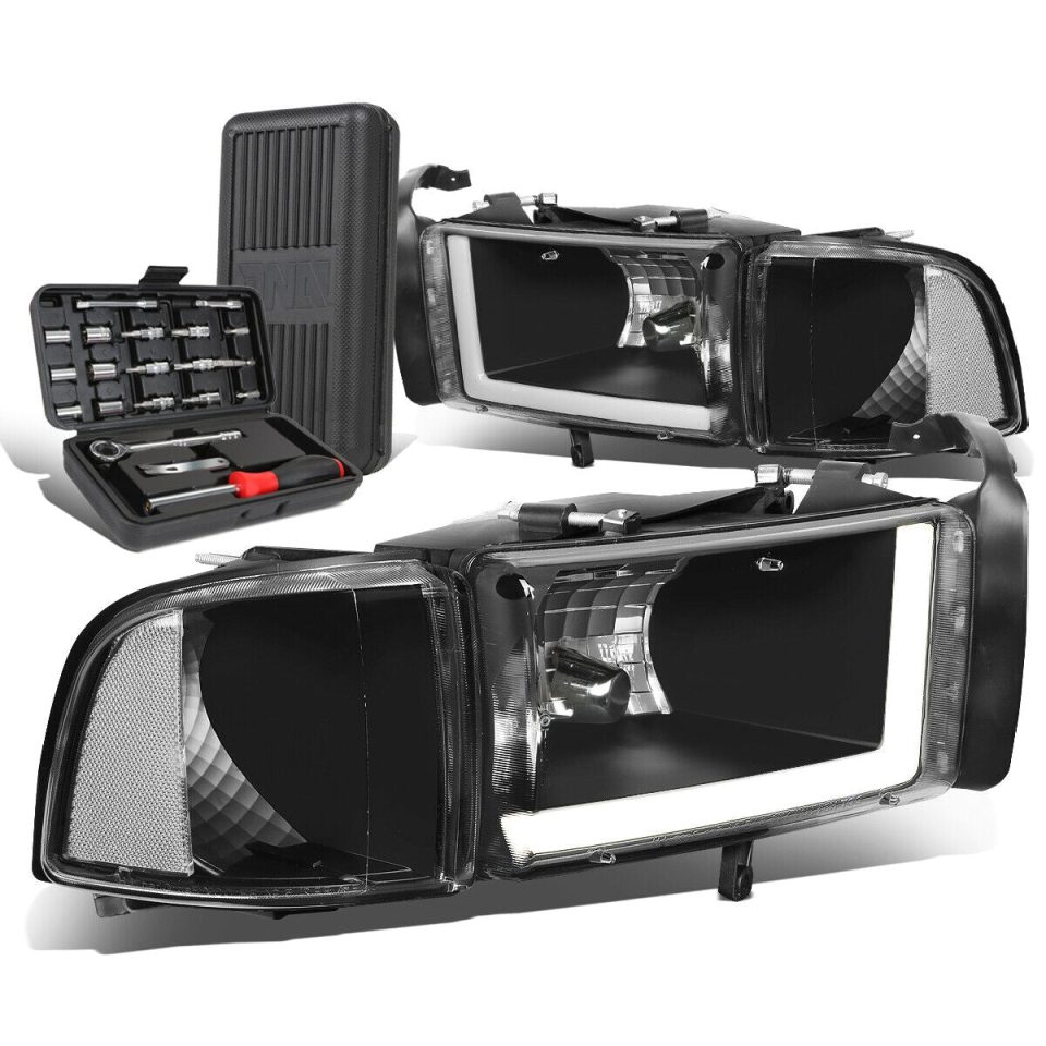 Ultimate Matte 1994-2002 Dodge Ram LED DRL Bar Black/Clear Signal Headlight Lamps+Tool Box