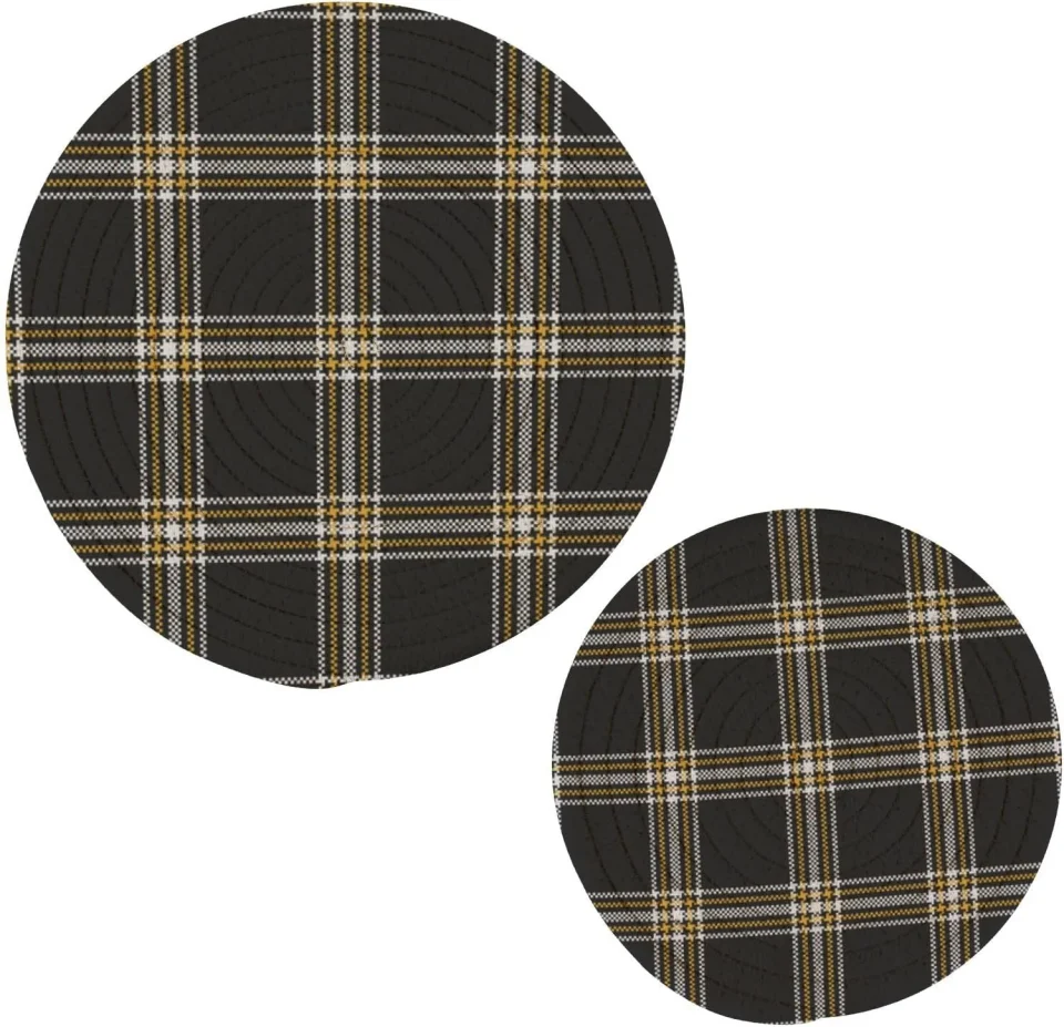 Select Upgraded Bestwell Plaid Pot Holder Set of 2, Pure Cotton Heat Resistant Wear-Resistant and Non-Slip Stylish Round Pot Holder for Daily Kitchen,Dining Table,Office,Cafe, Restaurant,BBQ