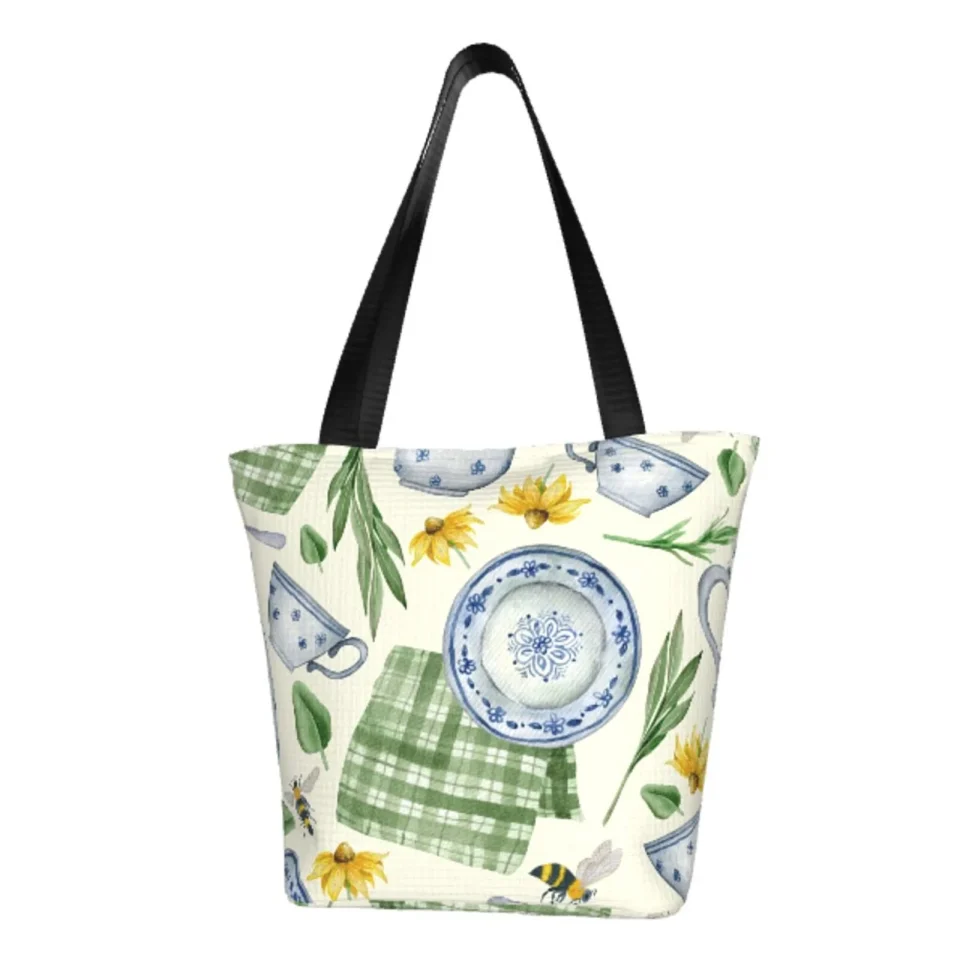 Ceramic Easygdp Vintage Utensils Stylish Canvas Handbag Shoulder Tote Bag, Shopping Bag with Zip, Suitable for Buying Groceries, Office, Fitness