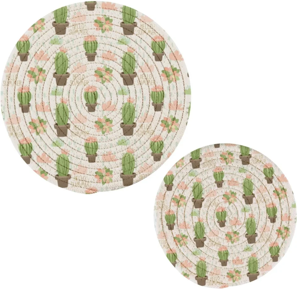 Food-Grade Coolnut Cute Cactus Pot Holder Set of 2, Pure Cotton Wear-Resistant and Non-Slip Stylish Round Pot Holder for Daily Kitchen, Dining Table, Office, Cafe, Restaurant, BBQ Home Decor Gifts