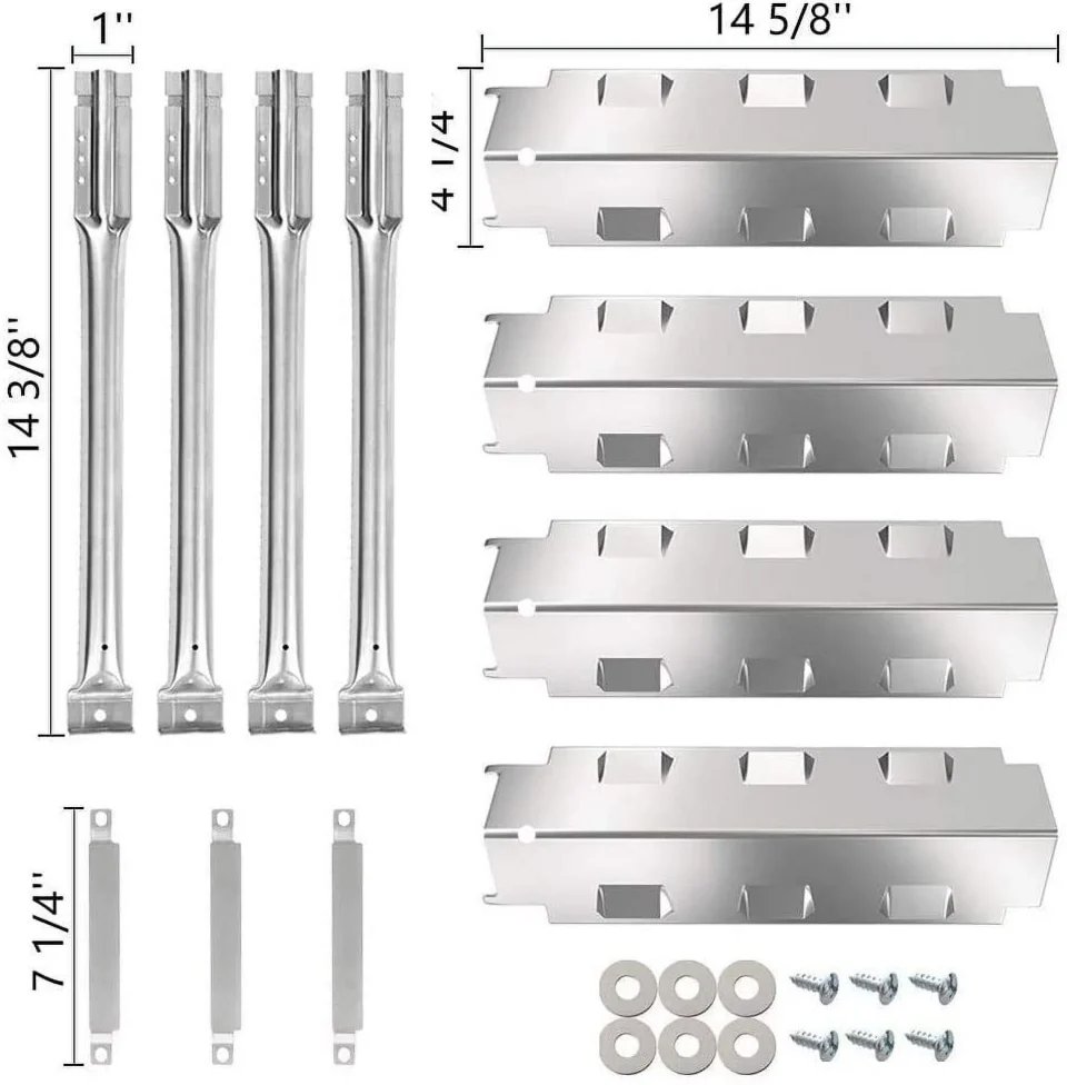 Select Set of 4 Stainless Steel Heat Plates, Burners and Three Crossover Channels for Gas Grill Models from Charbroil, Kenmore, Thermos, Master Forge