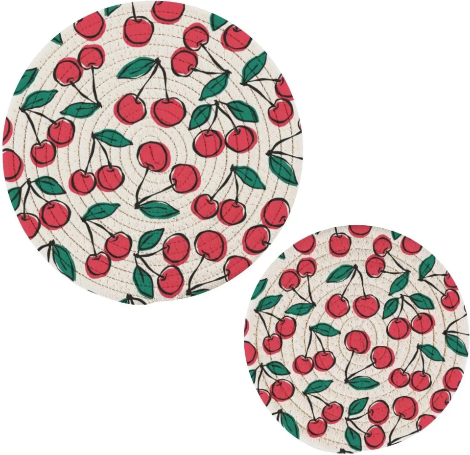 Premium Coolnut Cute Cherry Cotton Pot Holder Set of 2, Pure Cotton Wear-Resistant and Non-Slip Stylish Round Pot Holder for Daily Kitchen, Dining Table, Office, Cafe, Restaurant, BBQ Home Decor Gifts