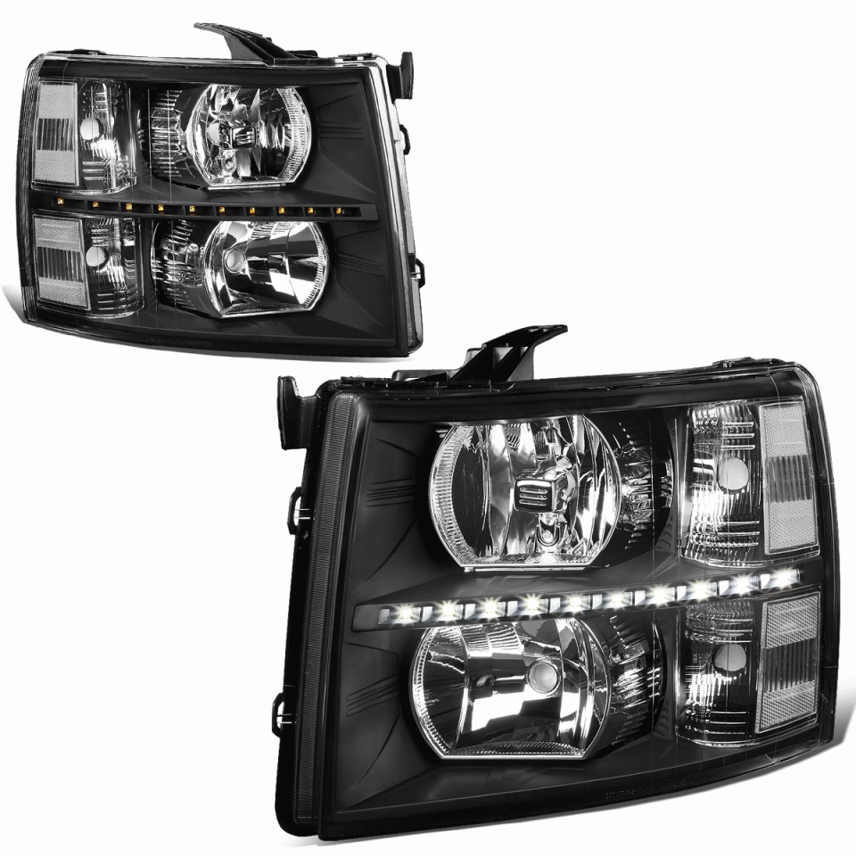 Home LED DRL Strip 07-14 Chevy Silverado Black Housing Clear Corner Headlight