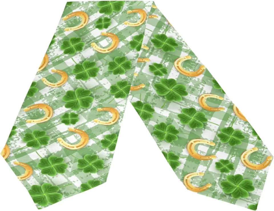 Safe Baking GZHJMY Double Sided St. Patrick's Day Plaid Shamrock Long Polyester Table Runner 13 x 90 Inches Table Cloth Cover Placemats for Kitchen Dinning Living Home Holiday Decor