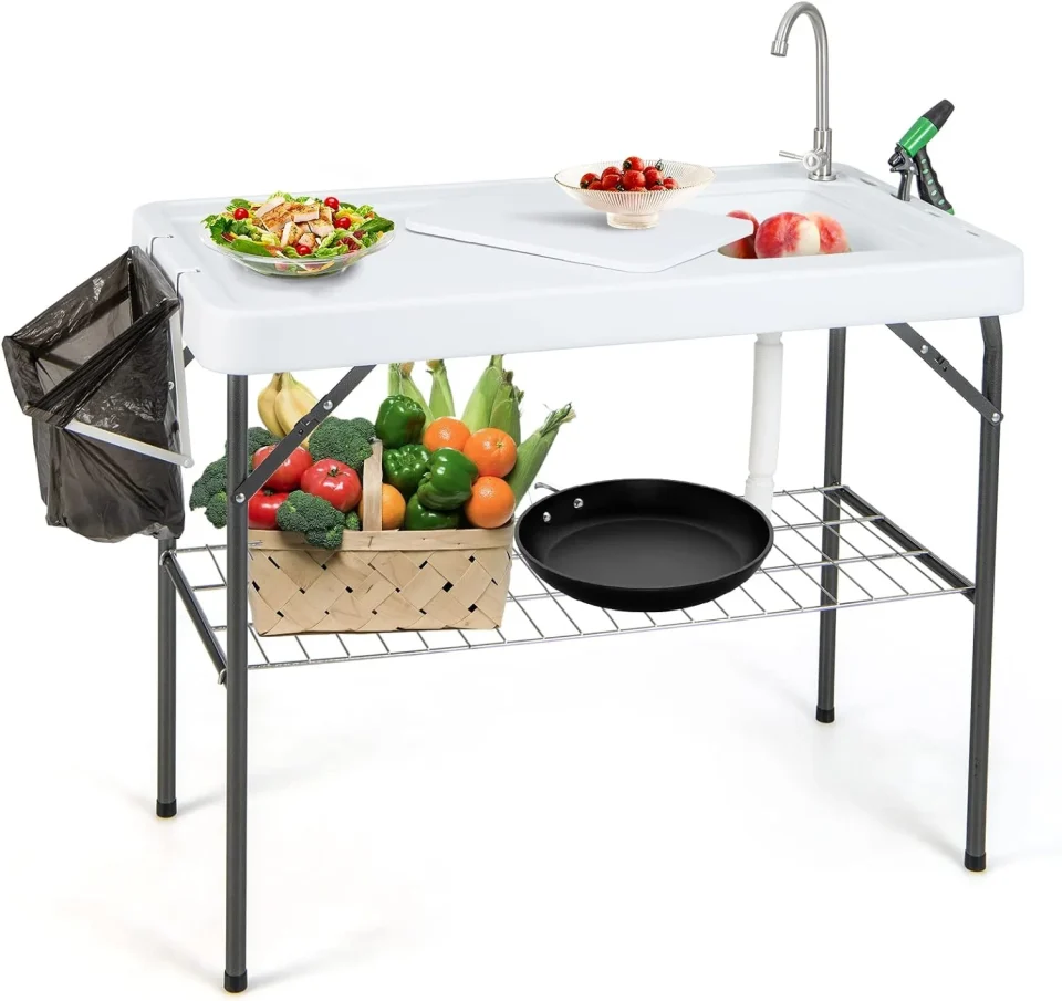Natural Popular Folding Fish Cleaning Table with Sink and Spray Nozzle, Portable Camping Sink Table with Faucet, Drainage Hose, Grid Rack, Knife Groove, Outdoor Fish Fillet Cleaning Station for Dock Picnic
