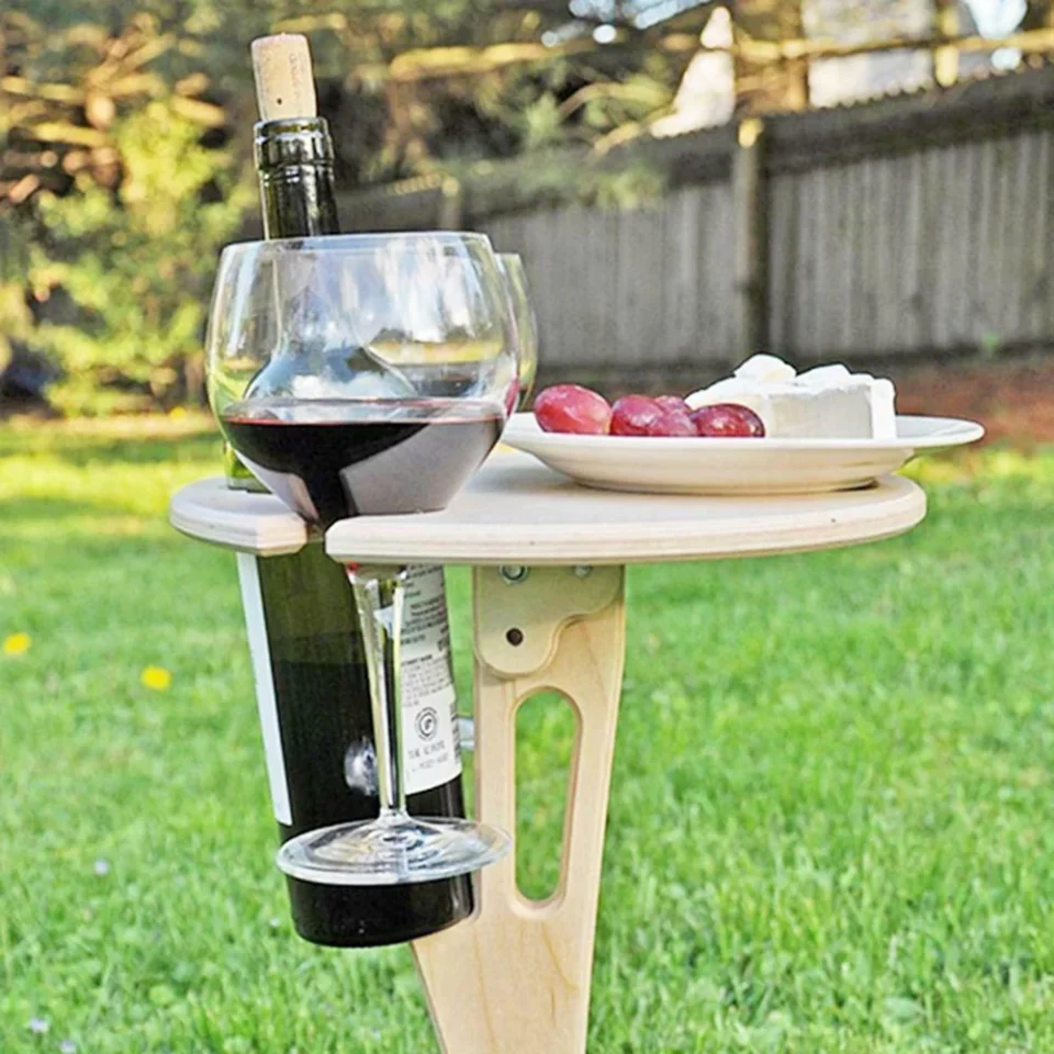 Prime Cooking Tomfoto Portable Outdoor Folding Wooden Table Glass Holder for Beach Backyard Picnic Party