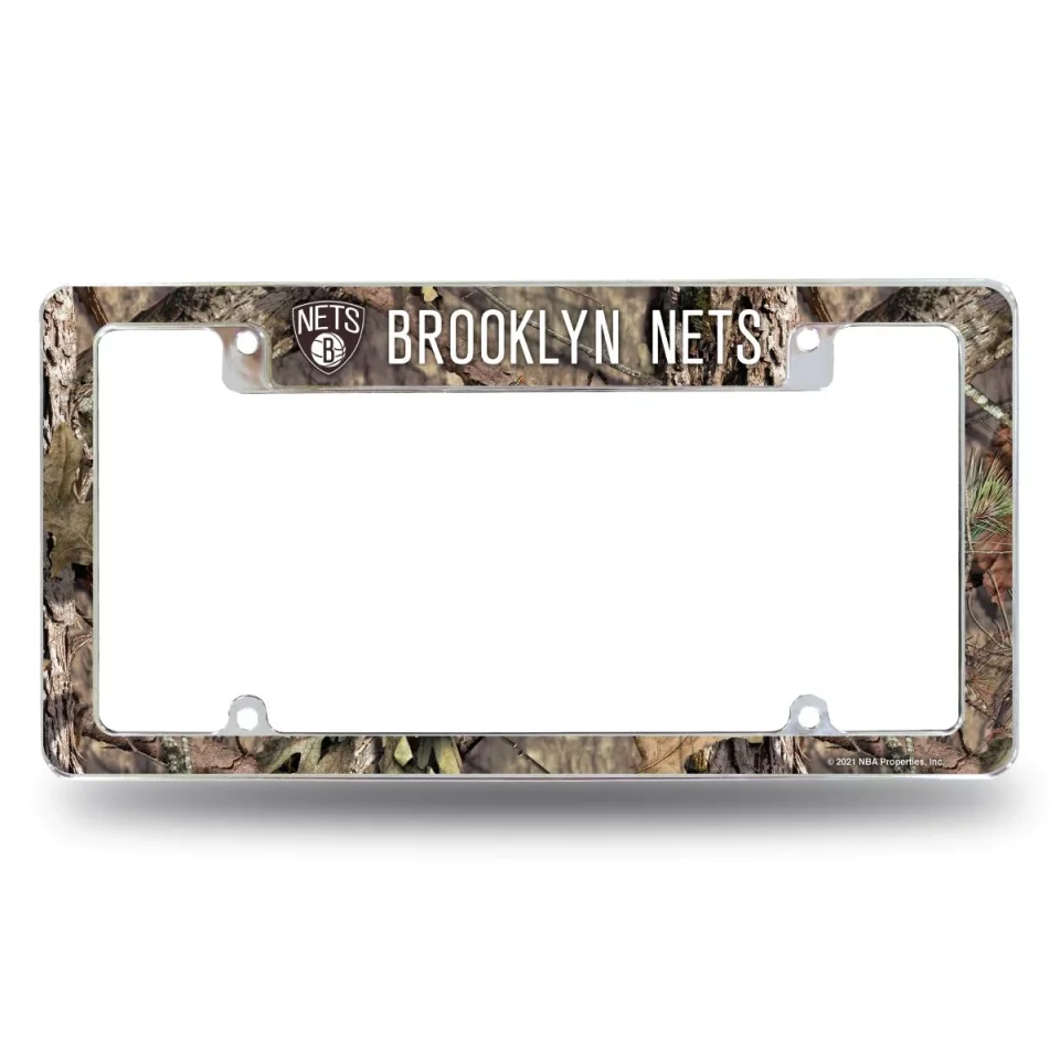 Cast Iron Brooklyn NBA Nets Chrome Metal License Plate Frame with Bold Mossy Oak Camouflaged Camo Design