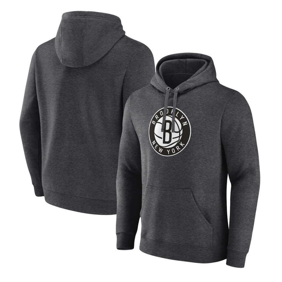 Frosted Glossy Men's Fanatics Branded Heather Charcoal Brooklyn Nets Primary Logo Pullover Hoodie