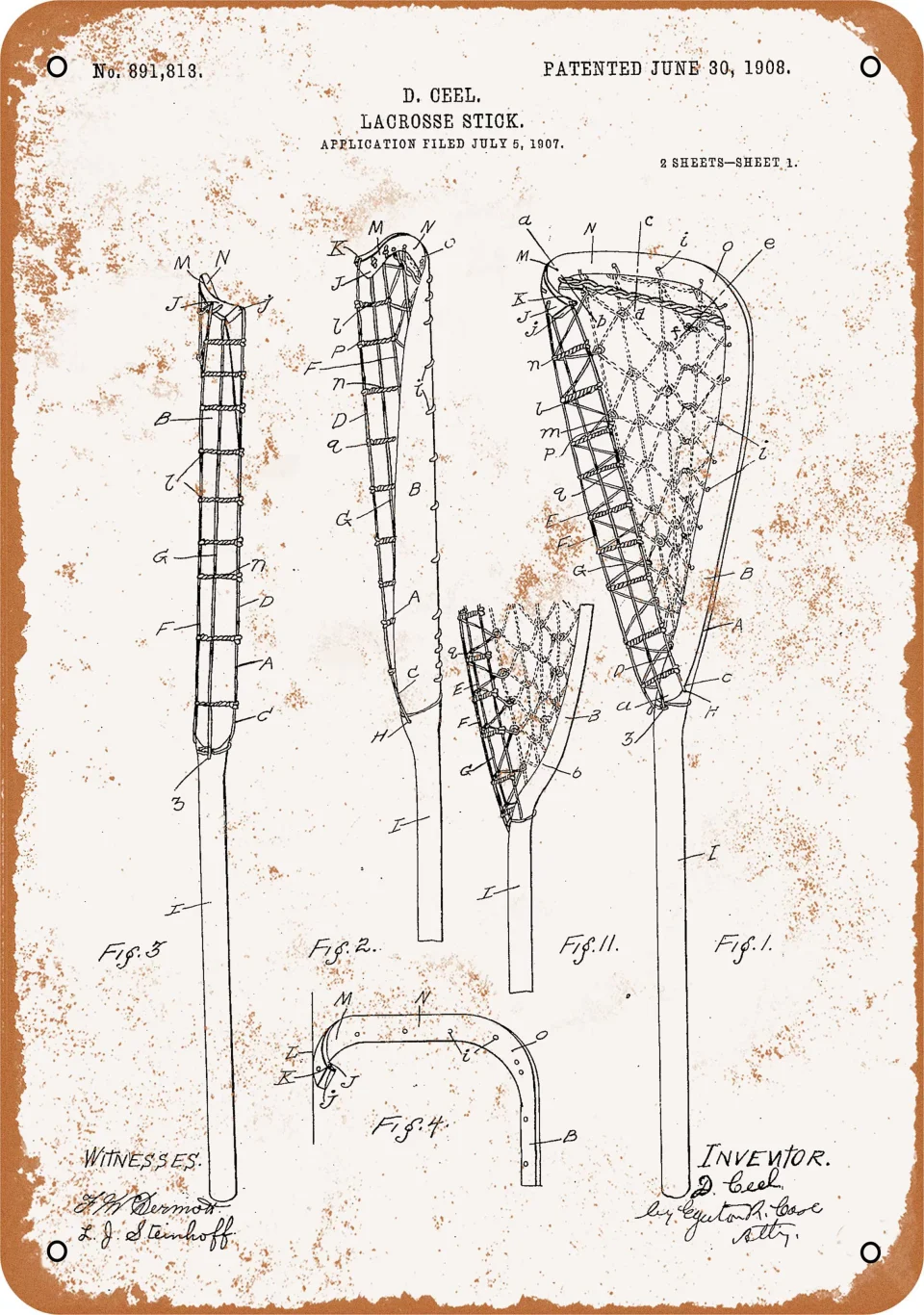 Select 7 x 10 METAL SIGN - 1908 Lacrosse Stick Patent - Vintage Rusty Look