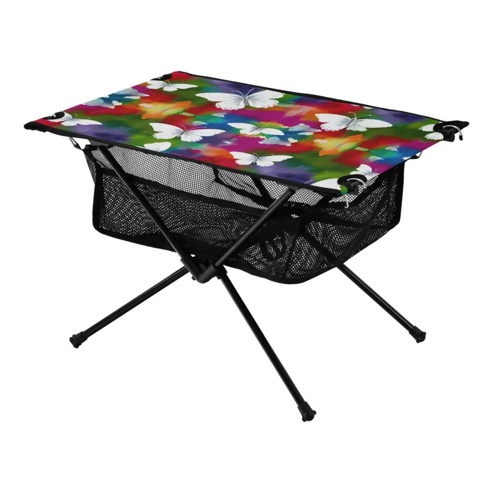 Eco-Friendly White Butterflies on Watercolor Camping Folding Table Portable Beach Table with Storage Bag Compact Picnic Table for Outdoor Travel Fishing BBQ