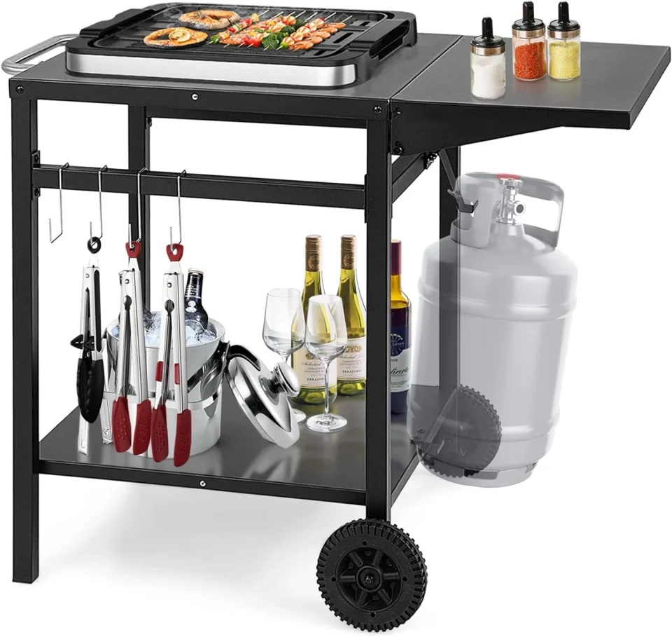 Wooden Outdoor Pizza Oven Stand Grill Cart with Wheels, Foldable Side Table, Gas Tank Hook, 4 Removable Hooks, Double-Shelf Movable Dining Cart Food Prep Worktable Trolley for Outside Kitchen BBQ