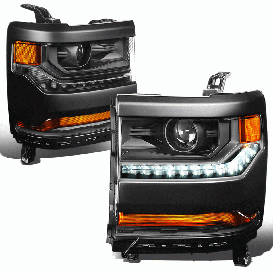 Prime Leak-Proof 16-19 Chevy Silverado 1500 Black Amber Side LED Projector Headlights Lamps