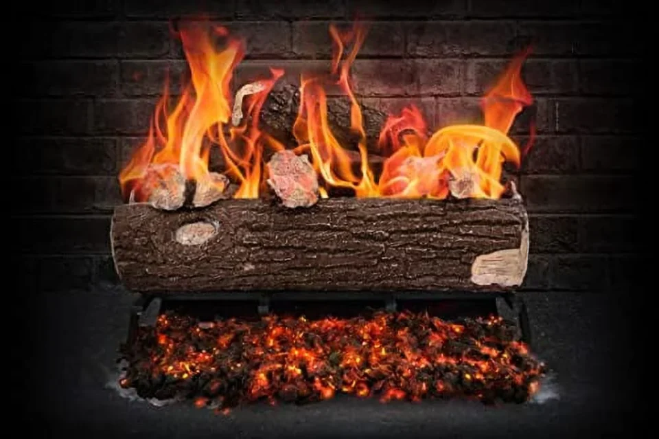Cooking CleanBurn Mountain Oak 18 Vented Natural Gas Log Set. Complete with Match Lit Safety Pilot, Fireplace Grate, Burner Pan, and Gas Connection Kit.